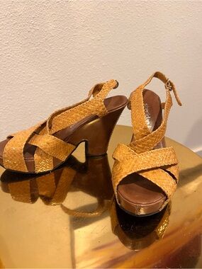 Sheridan Mia Mustard Woven Leather Wedge Sandals
